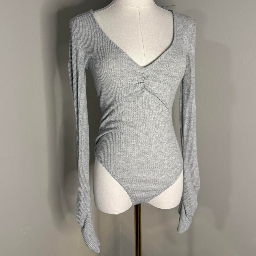 Free People Intimately Grey Ribbed Long Sleeve V-Neck Ruched Bodysuit XS